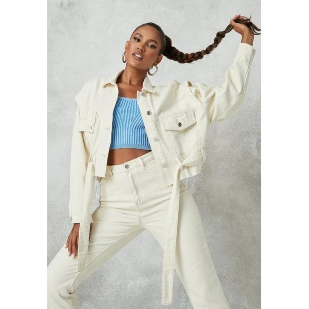 MISSGUIDED Women's Size XS Ecru Cream Raw Edge Cropped Denim Jacket Loose Moto 2